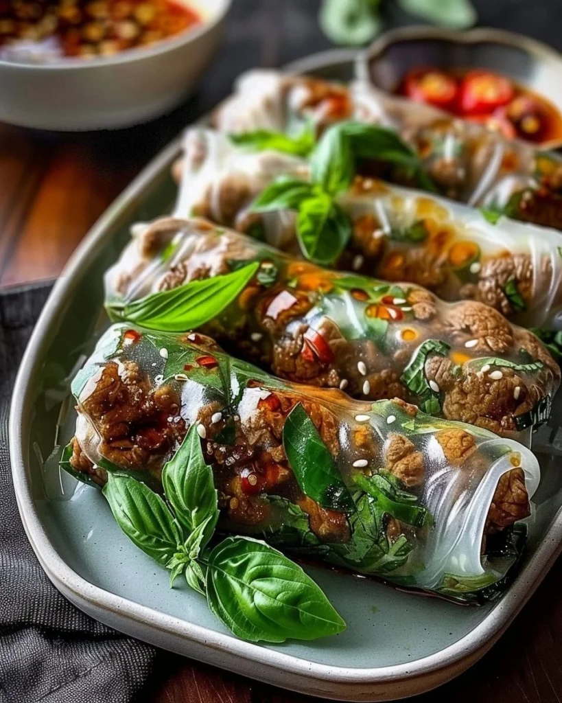 Delicious Thai Basil Beef Rolls with fresh basil and savory beef.