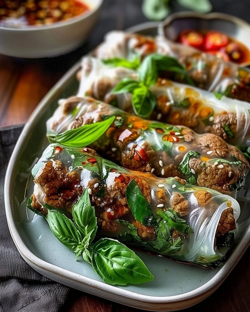 Delicious Thai Basil Beef Rolls with fresh basil and savory beef.