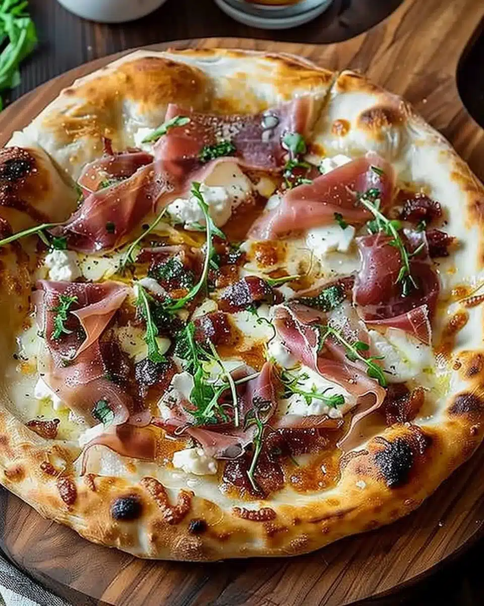 White Pizza with Beef Prosciutto Hot Honey