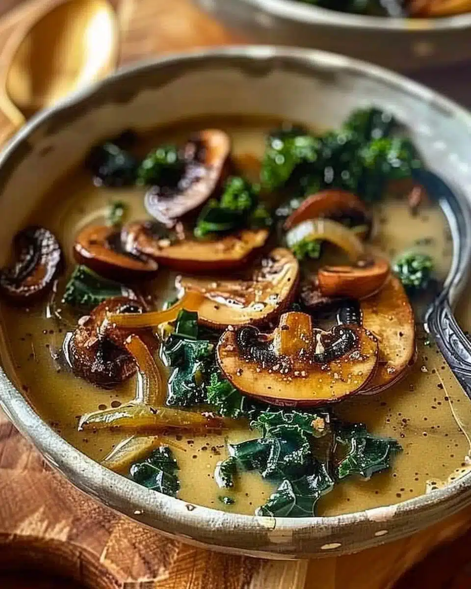 Bowl of wild mushroom soup with caramelized onions and kale garnished with herbs