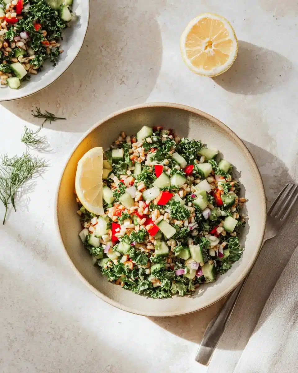 Colorful Mediterranean Farro Salad with fresh vegetables and herbs