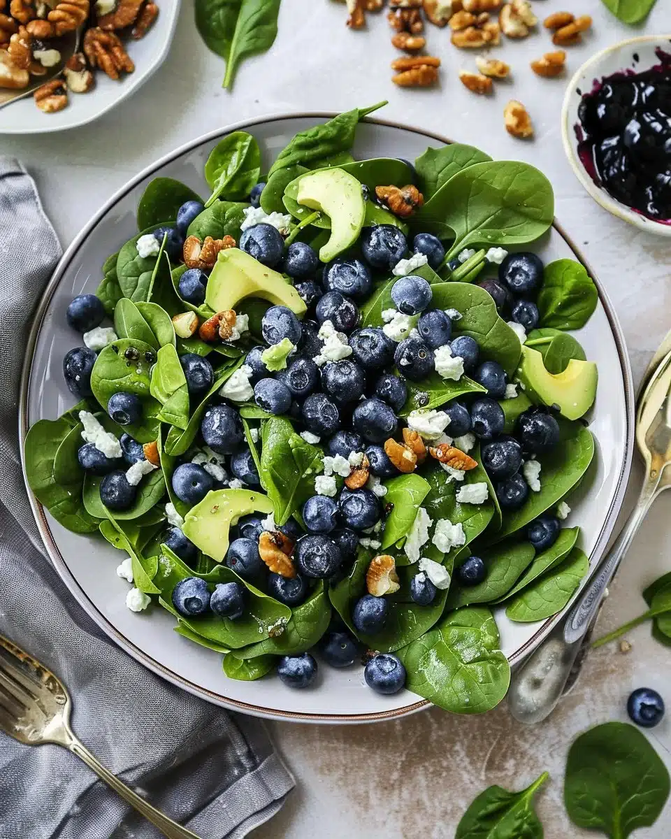 Fresh spinach blueberry salad ready to serve in a bowl