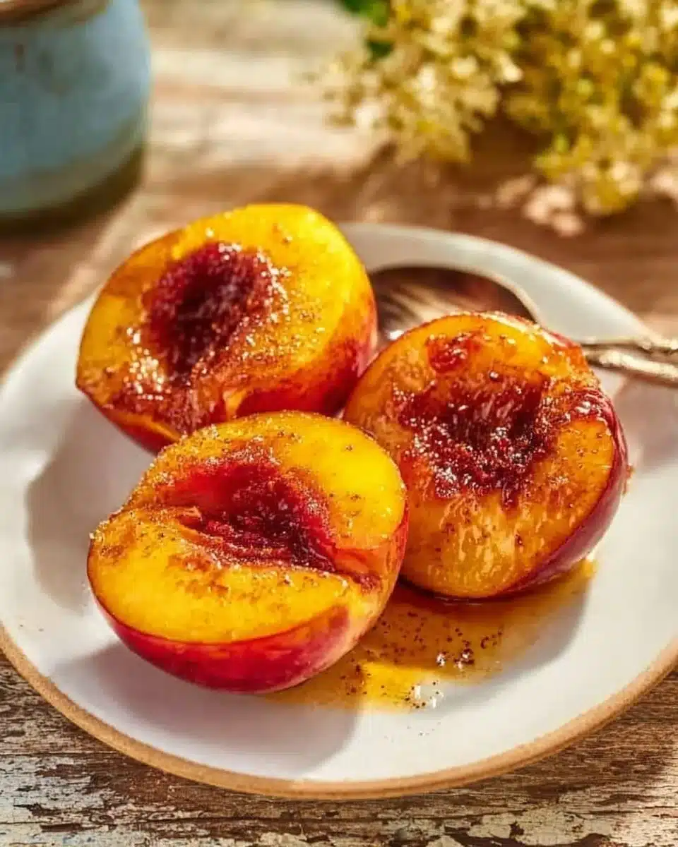 Air-fried nectarines drizzled with a spiced glaze on a wooden table