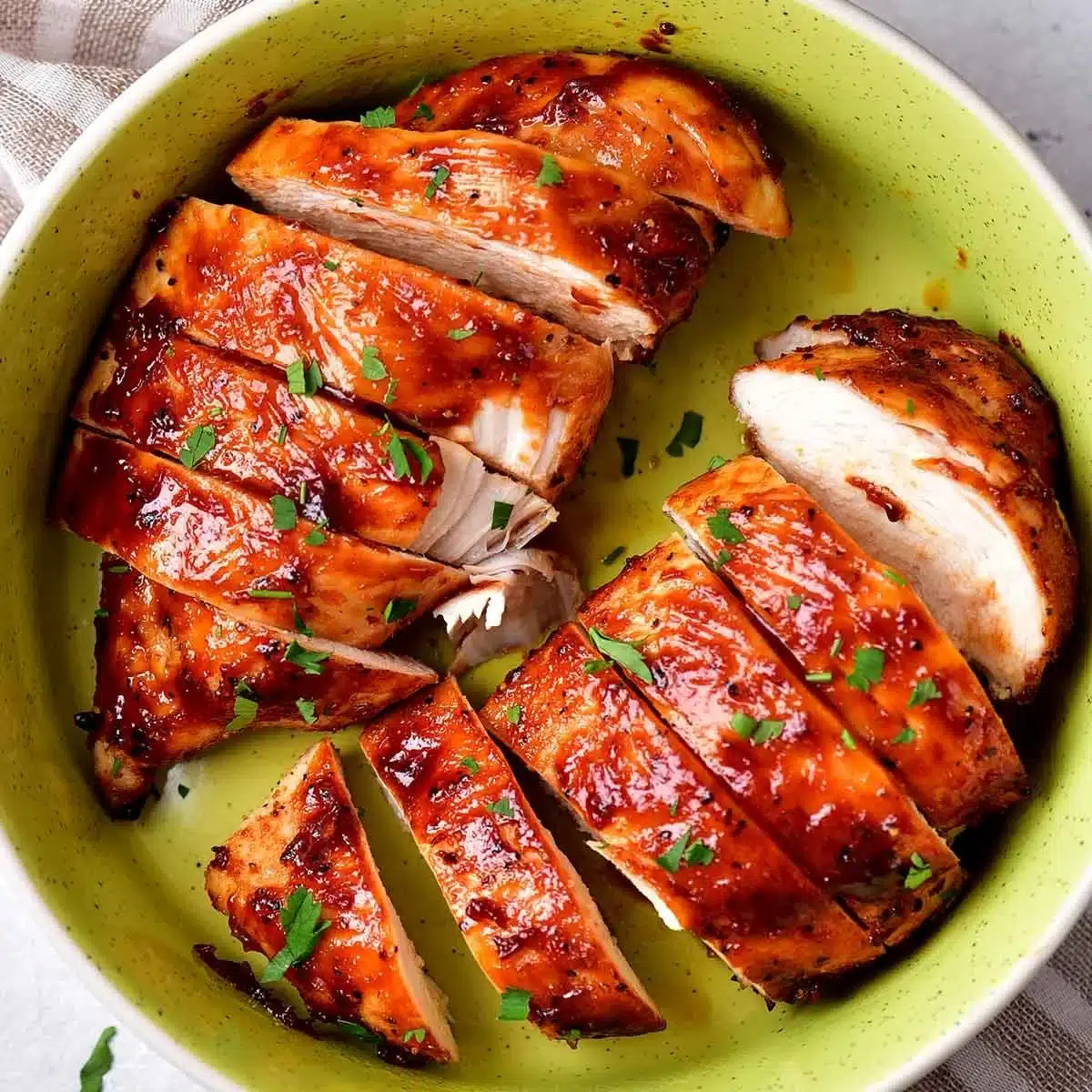 Delicious air fryer BBQ chicken garnished with fresh herbs on a plate.
