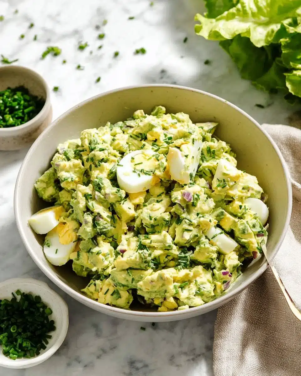 Delicious avocado egg salad in a bowl with fresh ingredients.