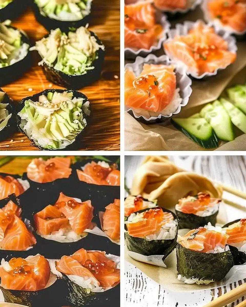 Baked salmon sushi cups served on a white plate with garnish
