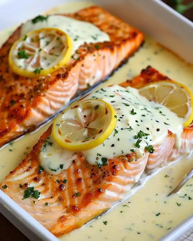 Baked salmon fillet drizzled with lemon butter cream sauce on a plate