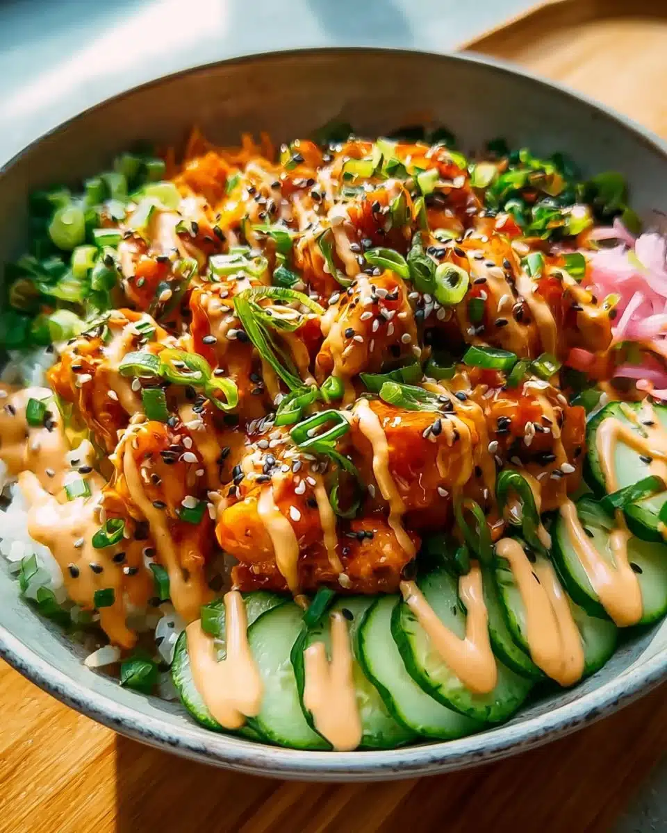 Delicious Bang Bang Chicken Rice Bowl with fresh ingredients and vibrant flavors