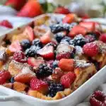 Delicious berry French toast casserole topped with fresh berries and syrup