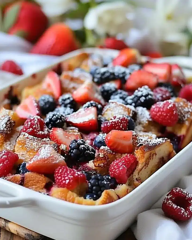 Delicious berry French toast casserole topped with fresh berries and syrup