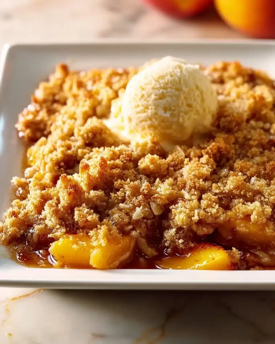 Delicious buttery nectarine crisp dessert with golden topping and fresh nectarines