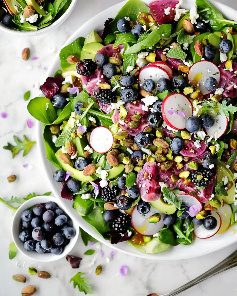 Blueberry Pistachio Spring Salad with fresh ingredients and colorful presentation