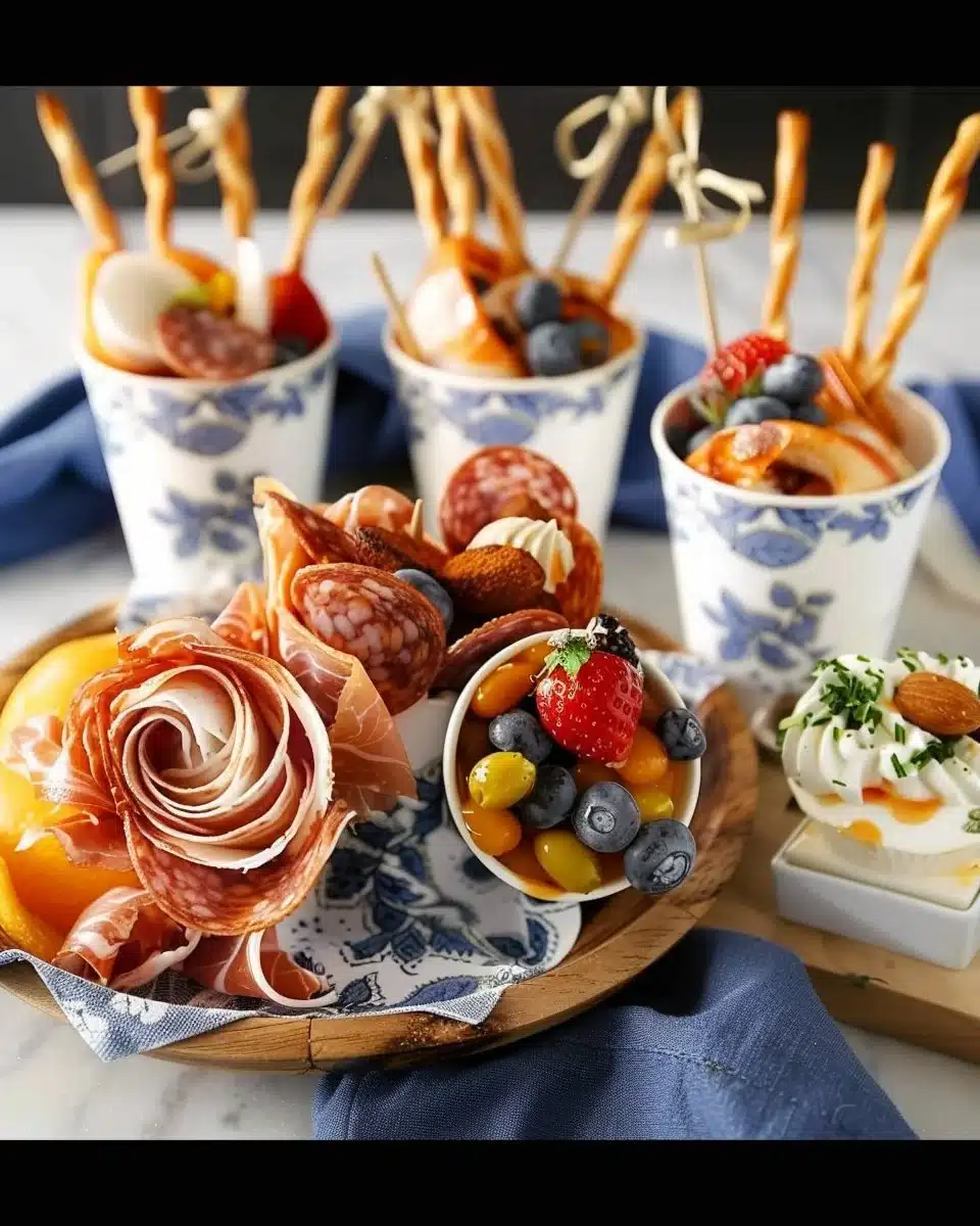 Colorful breakfast charcuterie cups filled with fruits, cheeses, and meats.