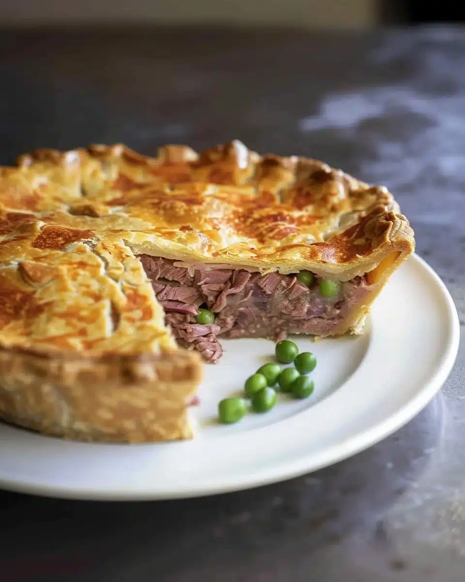 British Corned Beef and Potato Pie served with vegetables