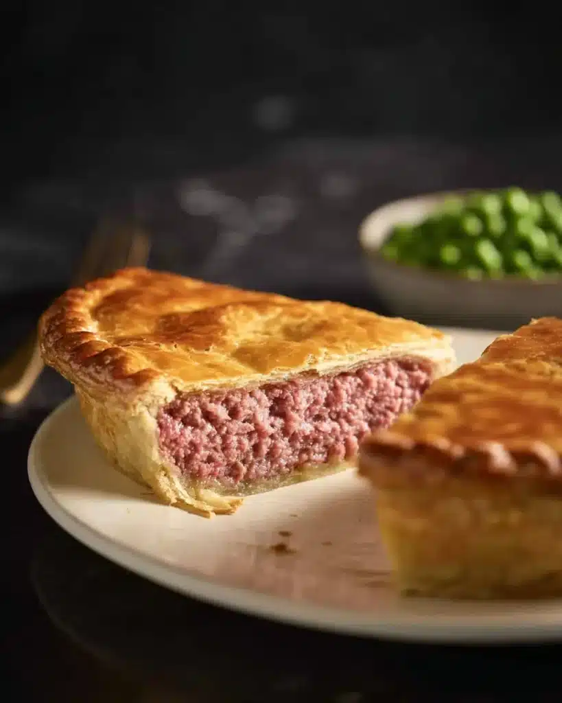 A hearty British corned beef and potato pie served on a rustic table.