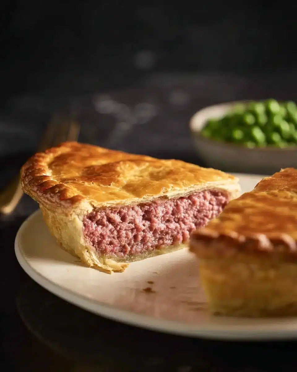 A hearty British corned beef and potato pie served on a rustic table.