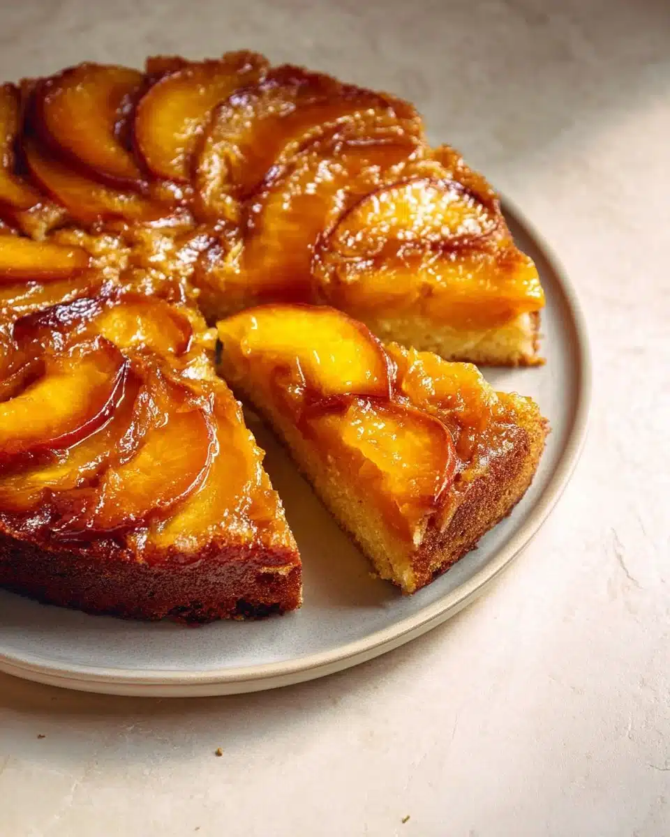 Delicious browned butter peach upside down cake topped with caramelized peaches.