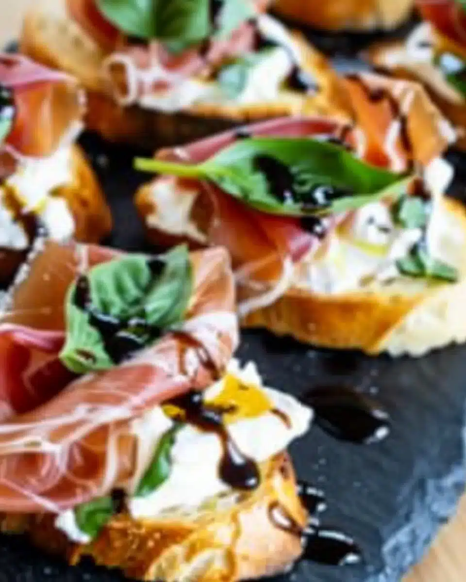 Delicious Burrata and Prosciutto Crostini arranged on a platter