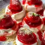 Cheesecake deviled strawberries topped with whipped cream and graham cracker crumbs