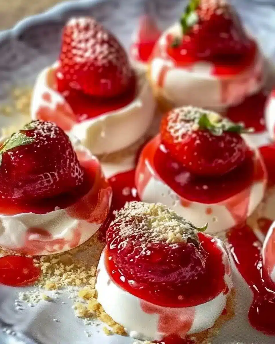 Cheesecake deviled strawberries topped with whipped cream and graham cracker crumbs