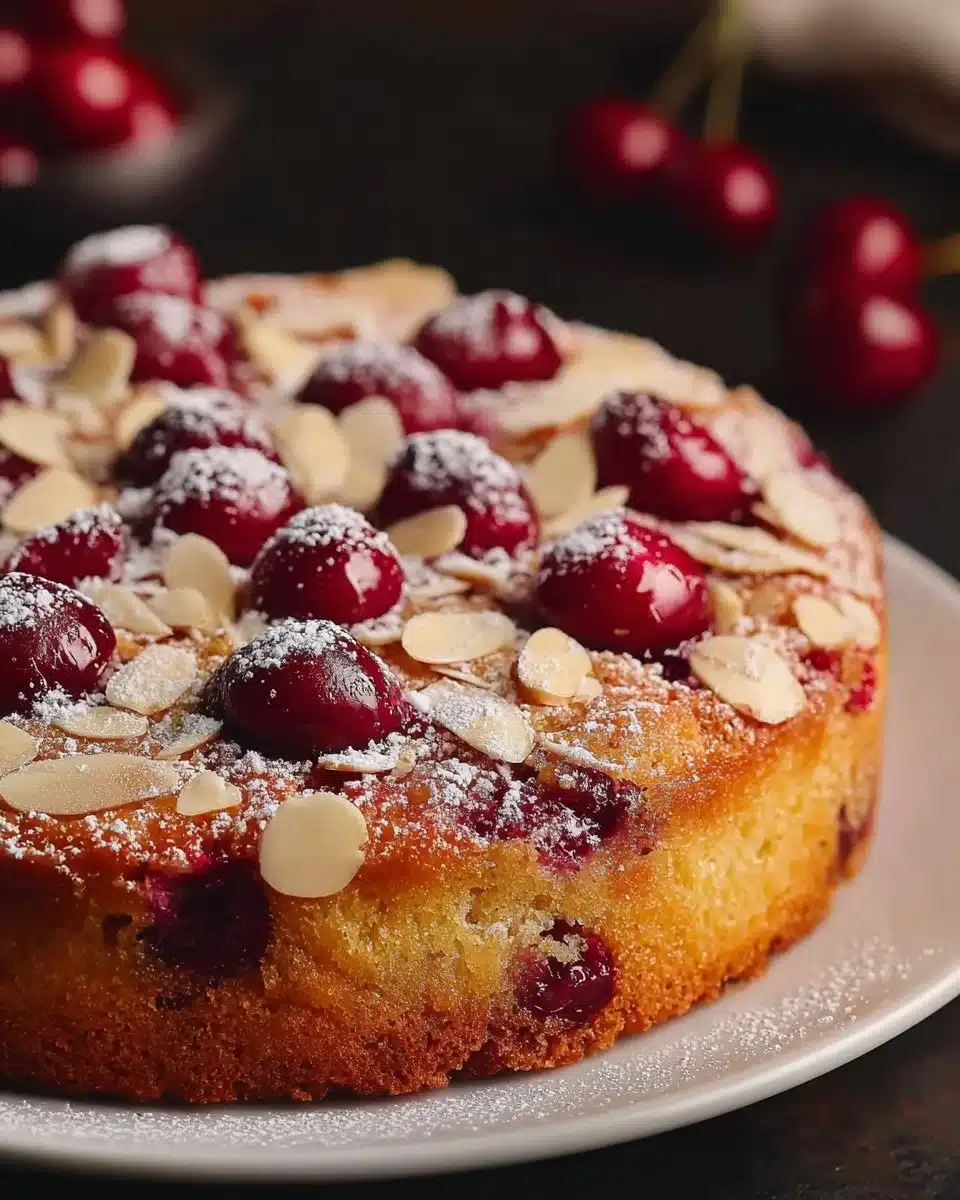 A slice of Cherry Almond Cake topped with fresh cherries and almonds