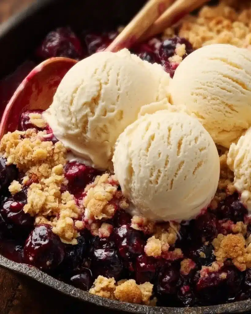Delicious cherry crisp dessert with crumble topping in a baking dish