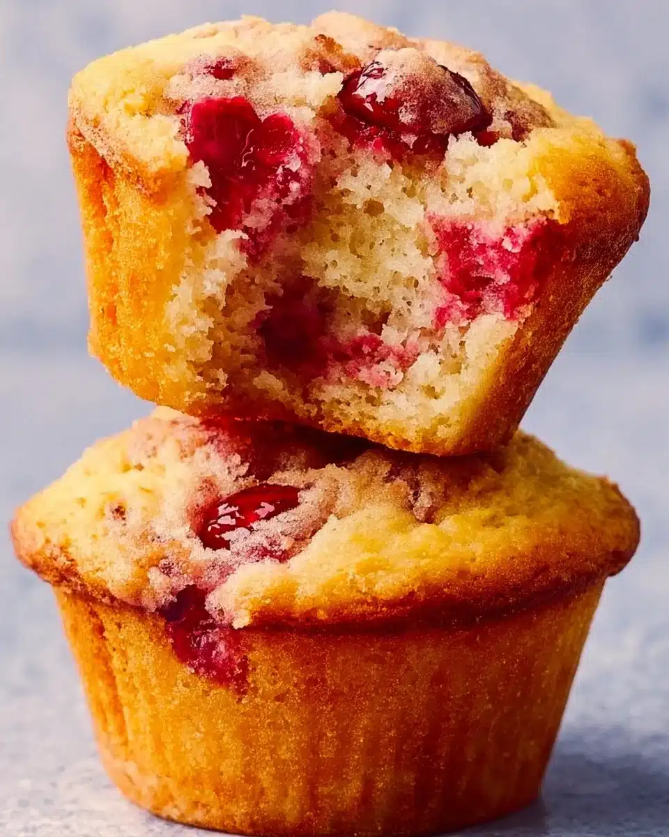 Freshly baked cherry muffins with a golden crust and cherry pieces