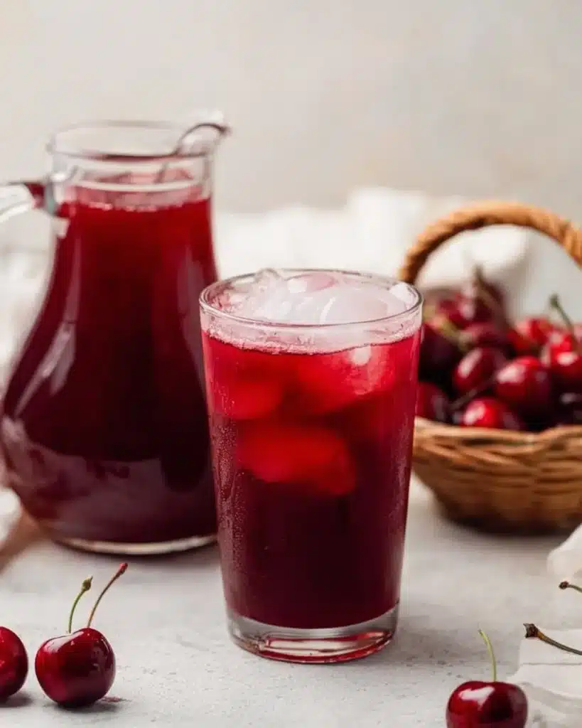 Glass of cherry pie iced tea with fresh cherries and pie crust garnish