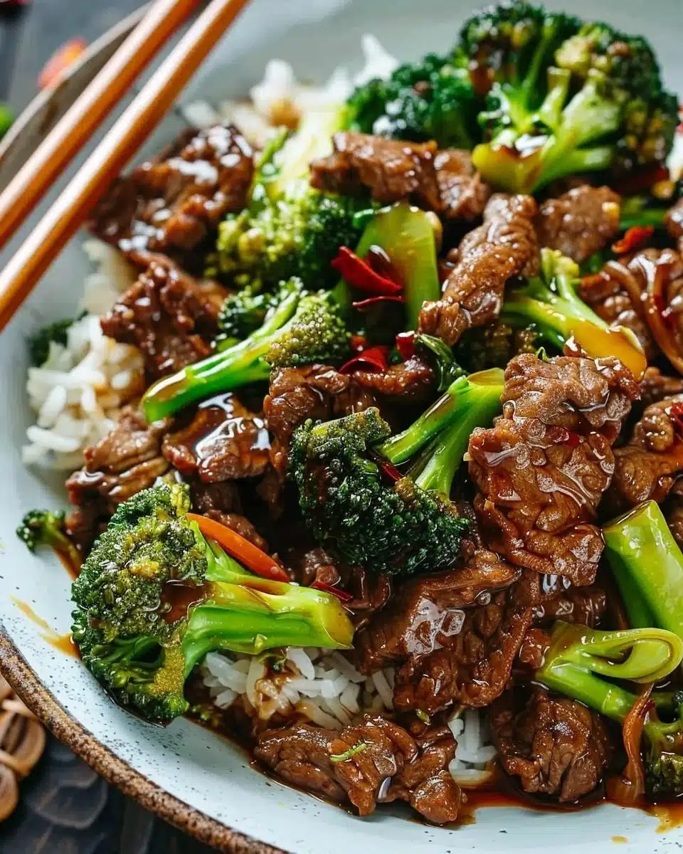 Plate of Chinese beef and broccoli, showcasing tender beef slices and fresh broccoli