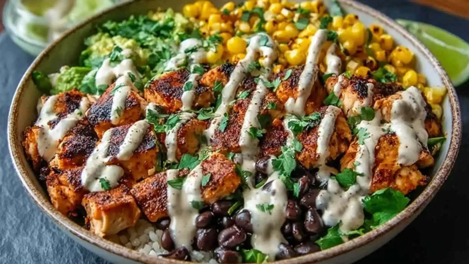 Chipotle Chicken Bowl with Black Beans, Corn, and Creamy Sauce
