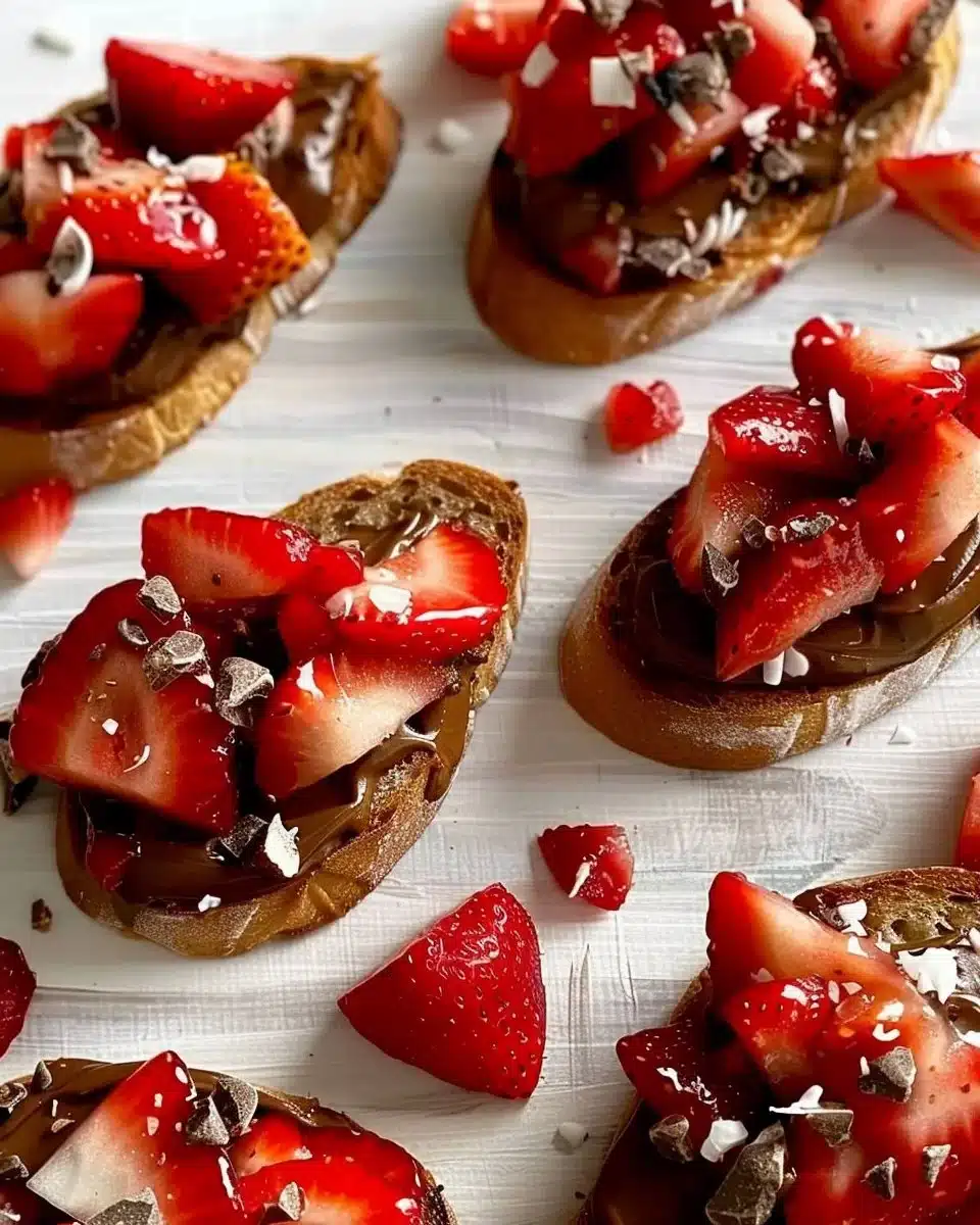 Delicious Chocolate Strawberry Bruschetta topped with fresh strawberries and chocolate drizzle.