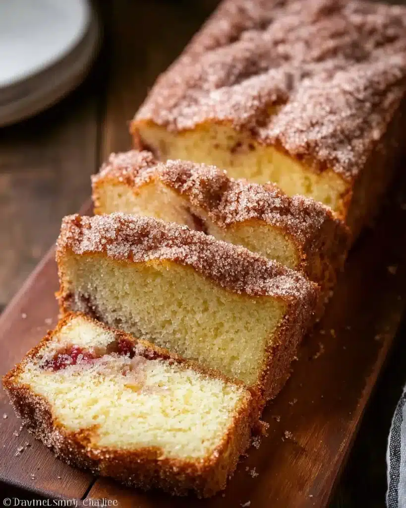 Freshly baked cinnamon swirl rhubarb bread loaf with a golden crust