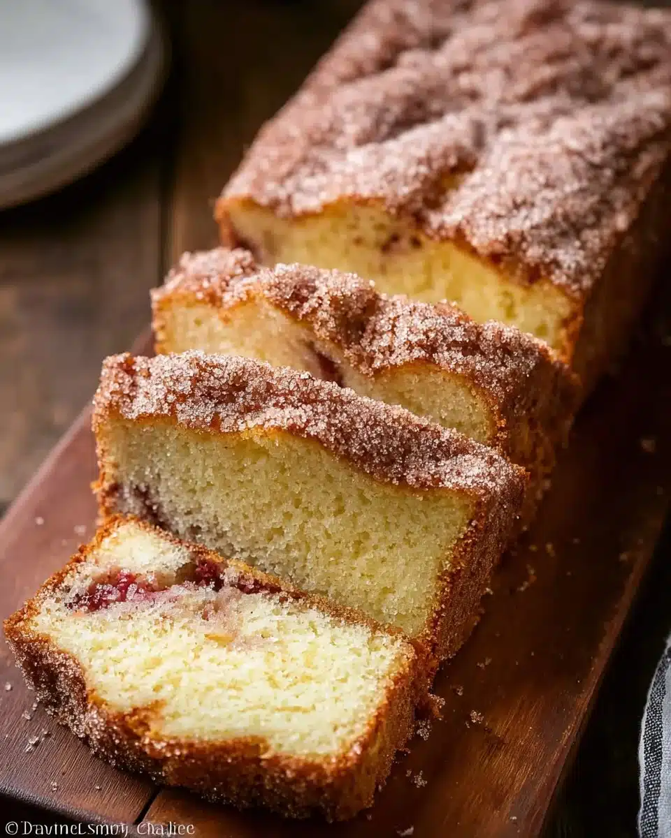 Freshly baked cinnamon swirl rhubarb bread loaf with a golden crust
