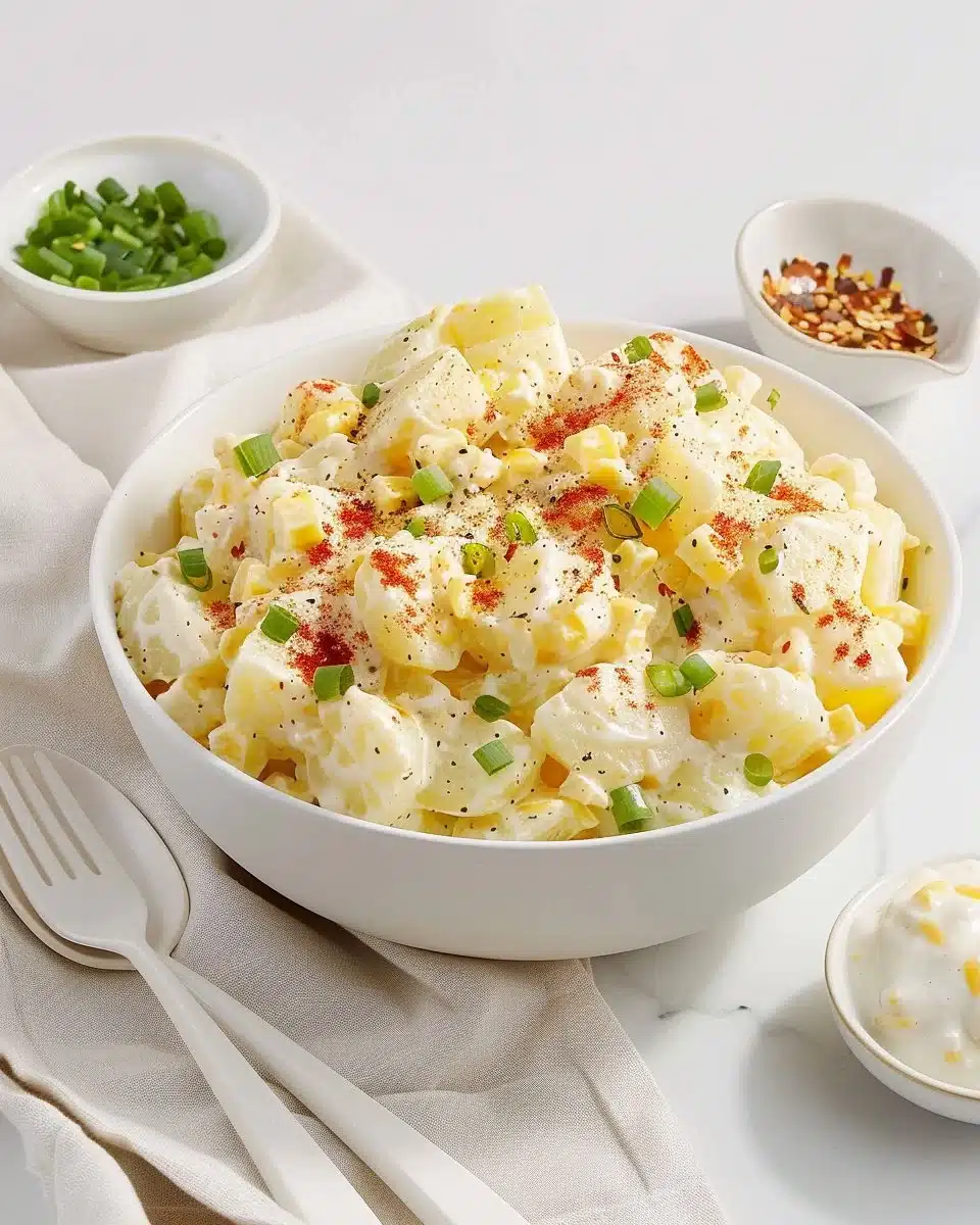 Classic potato salad in a bowl with herbs and seasoning