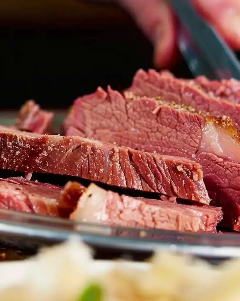 Deliciously cooked corned beef served on a cutting board with spices.