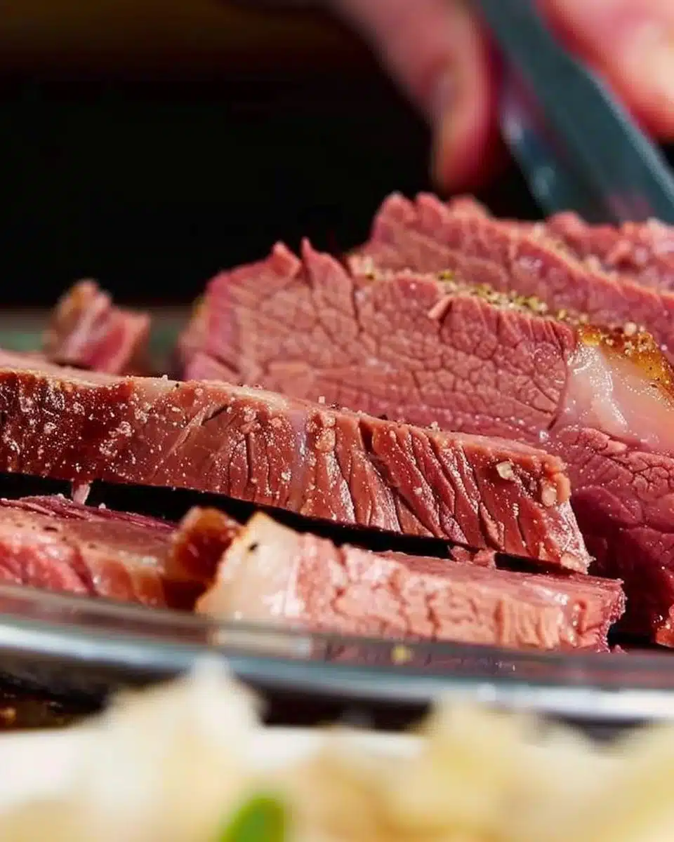 Deliciously cooked corned beef served on a cutting board with spices.