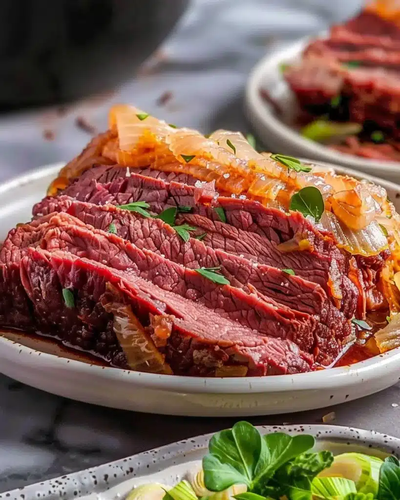 Slow cooker Guinness-braised corned beef served with vegetables