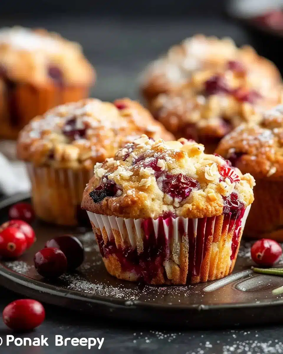 Freshly baked Cranberry Orange Muffins with a golden brown crust