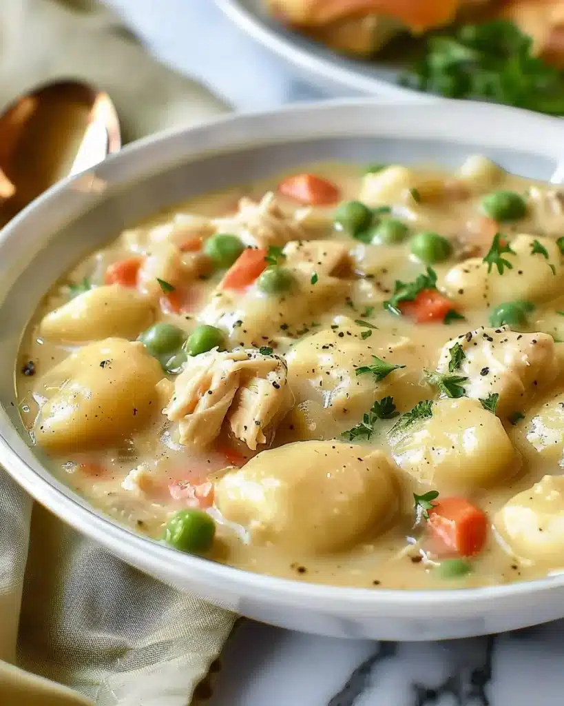 Bowl of creamy chicken gnocchi soup with vegetables and herbs