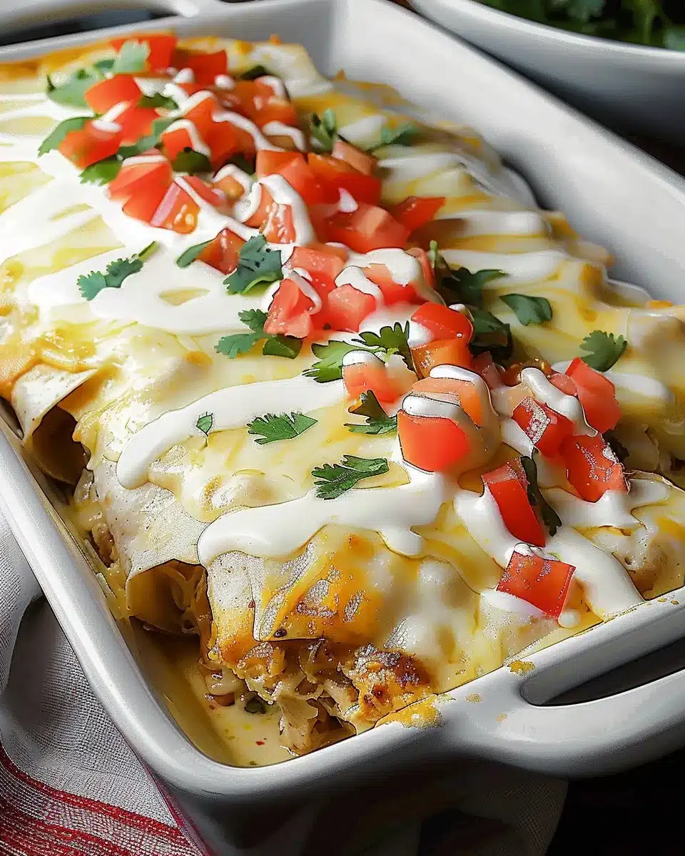 Creamy queso chicken enchiladas topped with cheese and herbs