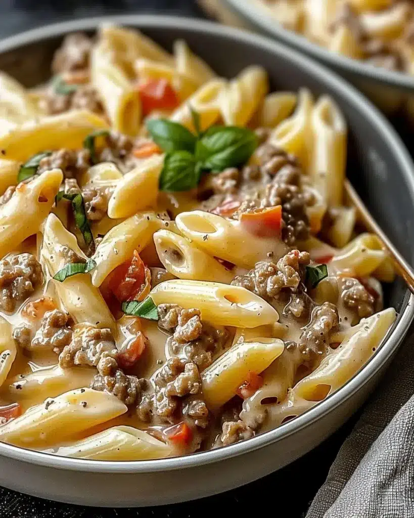 Creamy Rotel pasta dish with ground beef served in a bowl