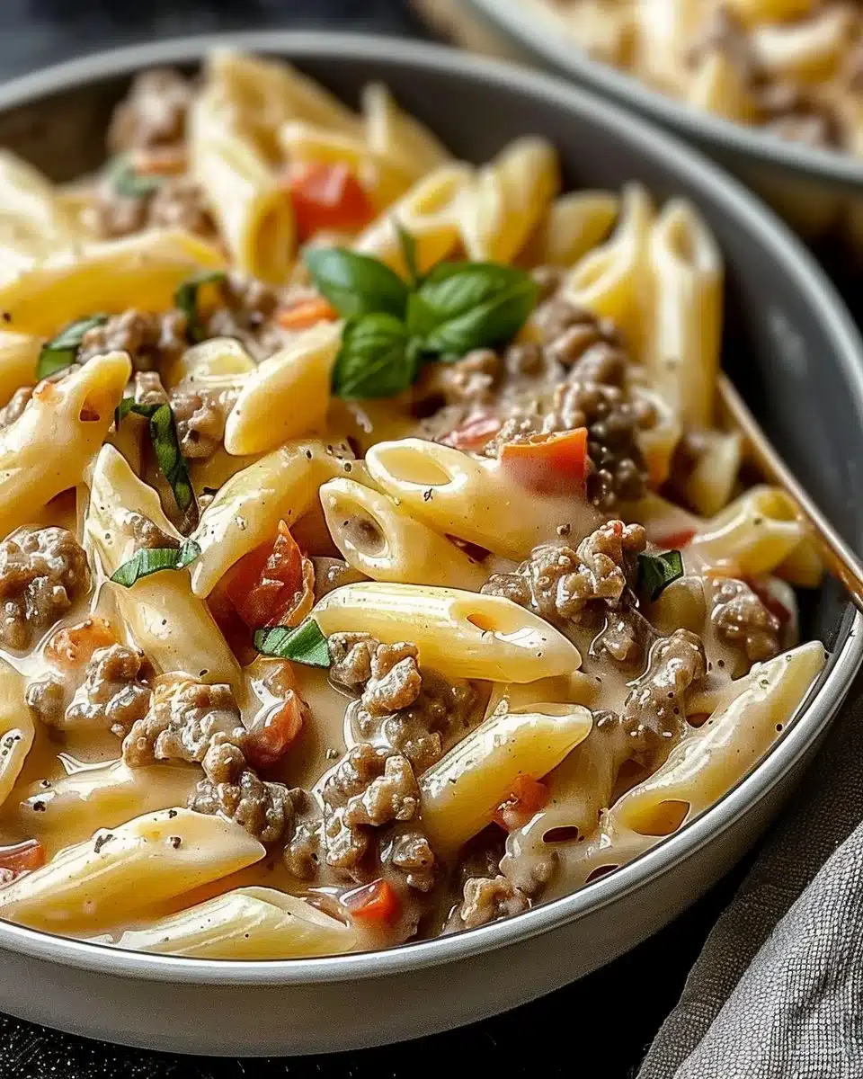 Creamy Rotel pasta dish with ground beef served in a bowl