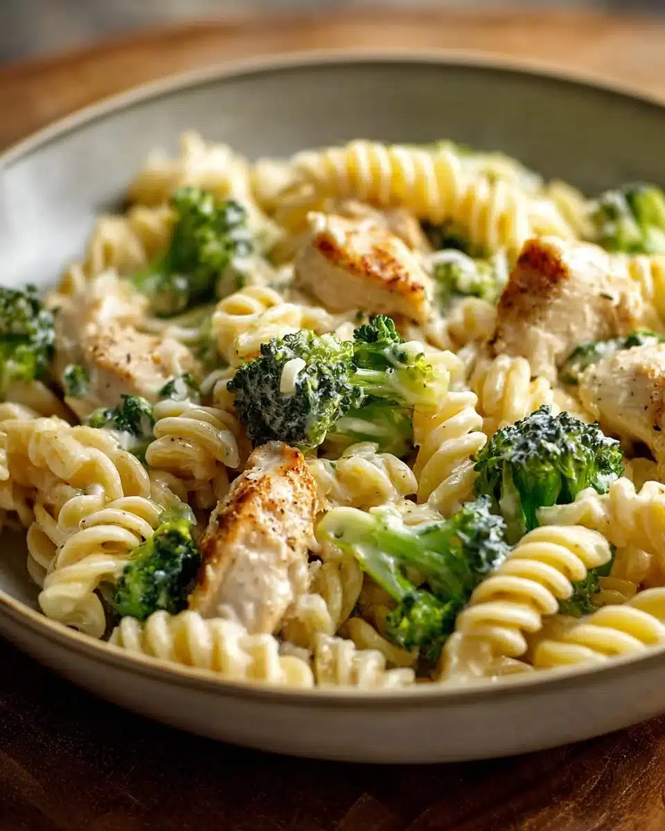 Creamy rotisserie chicken broccoli pasta dish served in a bowl