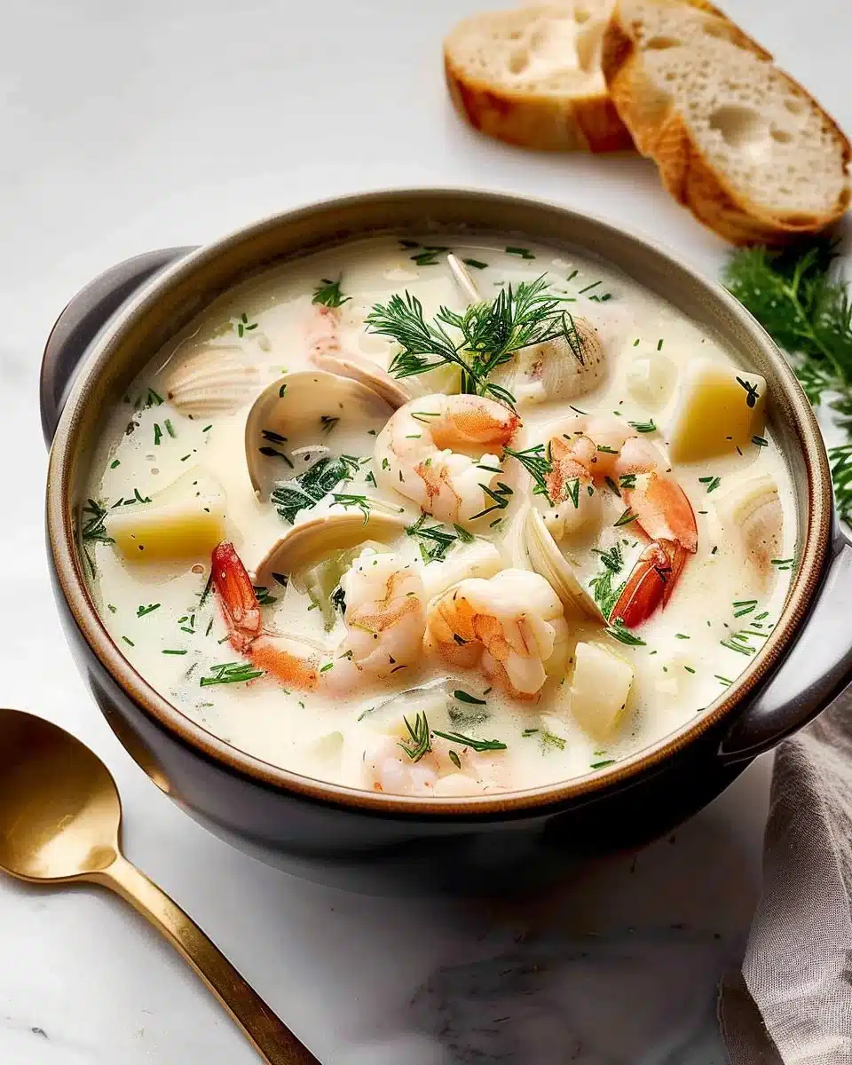 Bowl of creamy seafood chowder with shrimp, clams, and fresh herbs
