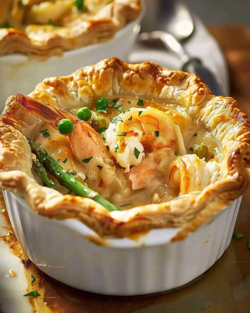 Delicious creamy seafood pot pie topped with flaky crust