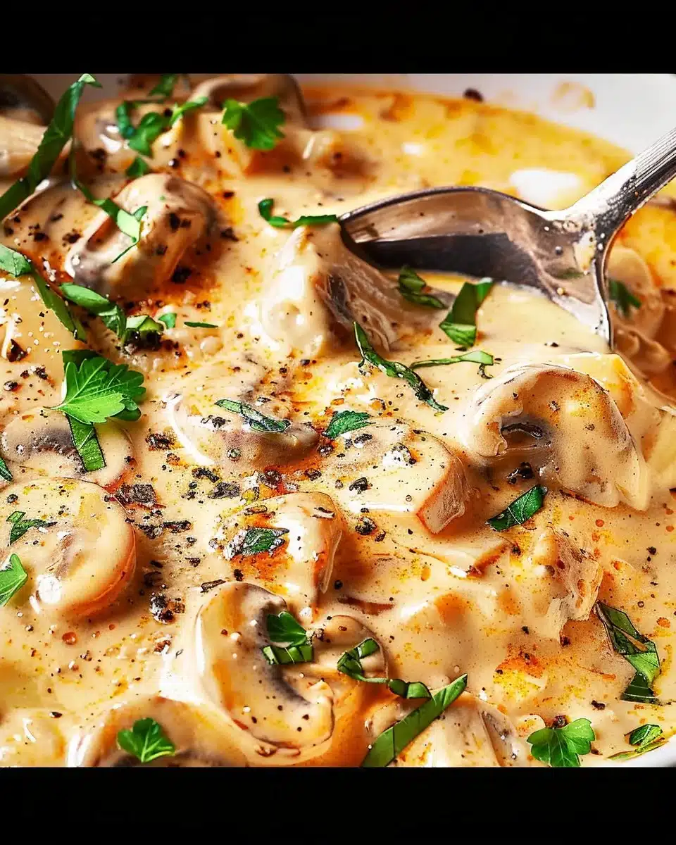 Creamy Tuscan mushrooms in a skillet garnished with herbs
