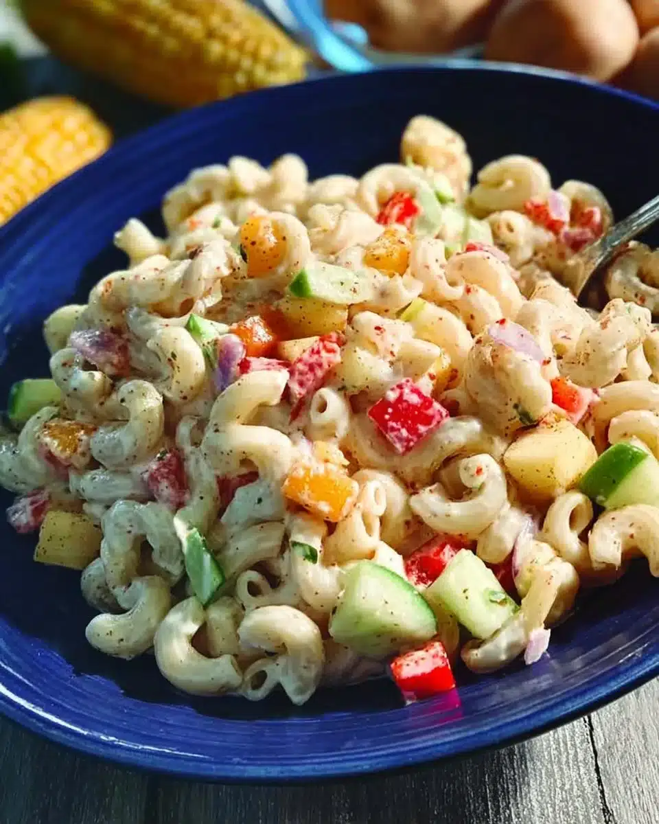 Creamy vegan pasta salad with fresh vegetables and plant-based dressing