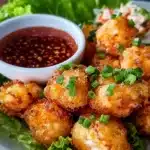 Plate of crispy shrimp balls served with dipping sauce