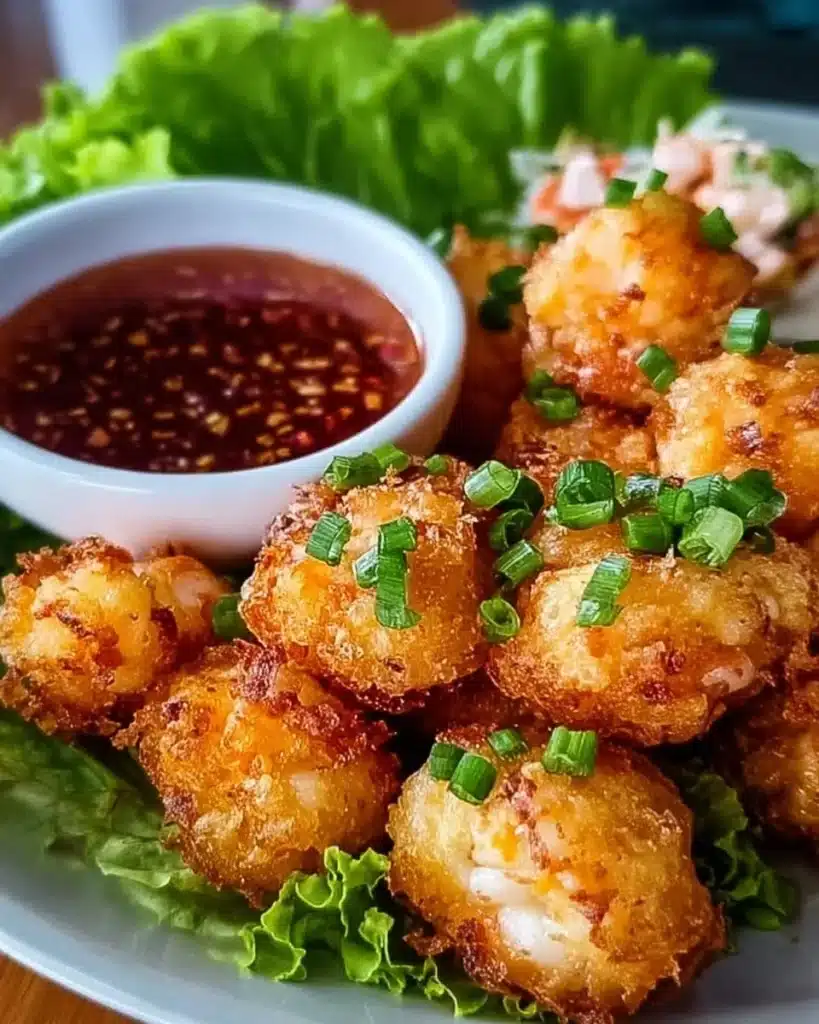 Plate of crispy shrimp balls served with dipping sauce