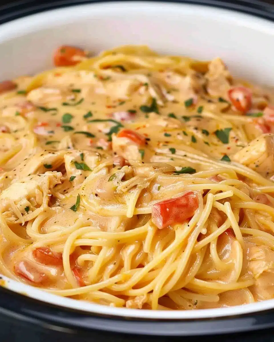 Crock Pot Cheesy Chicken Spaghetti served in a bowl